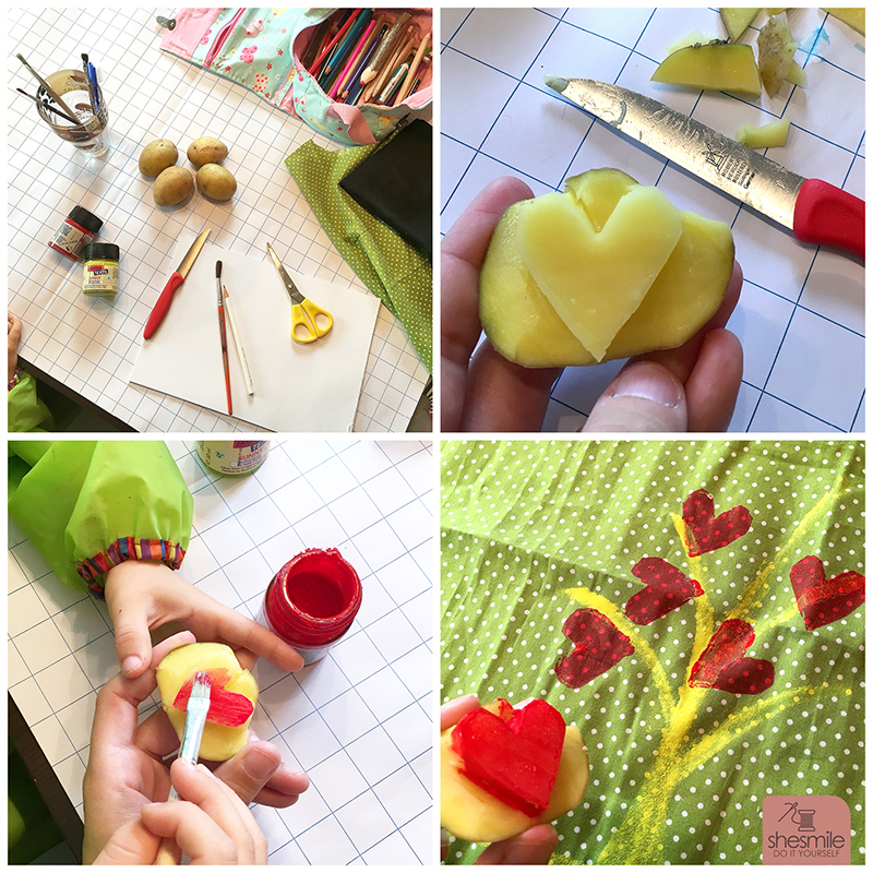 Kartoffeldruck auf Textilien und Papier. Eine kostenlose Bastelanleitung von shesmile. Ein Herzenbaum für die Herbstsammeltasche.