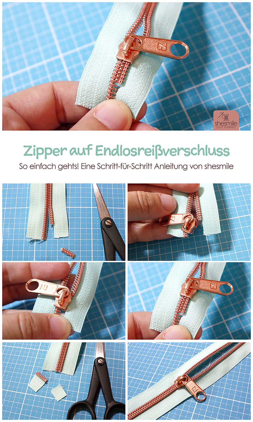 Tutorial: So bekommt man den Zipper schnell und einfach auf einen Endlosreißverschluss. Eine Schritt-für-Schritt Fotoanleitung von shesmile.