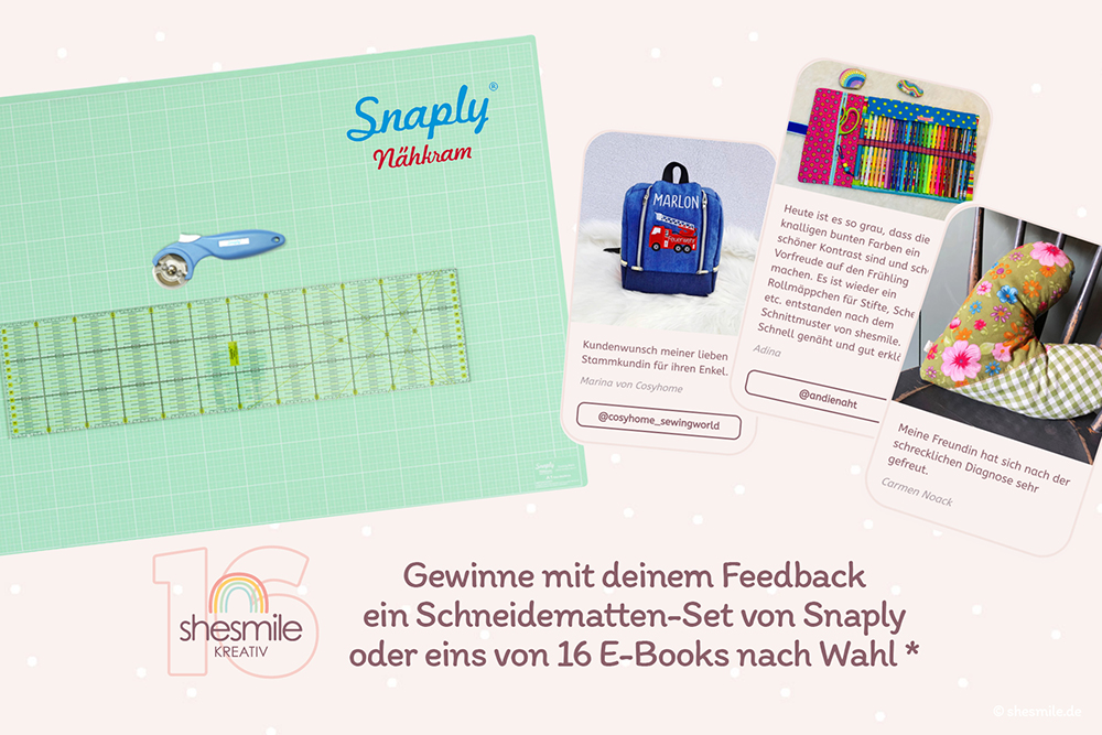 Gewinne mit deinem Feedback ein Schneidematten-Set von Snaply oder eins von 16 E-Books nach Wahl von shesmile DIY.