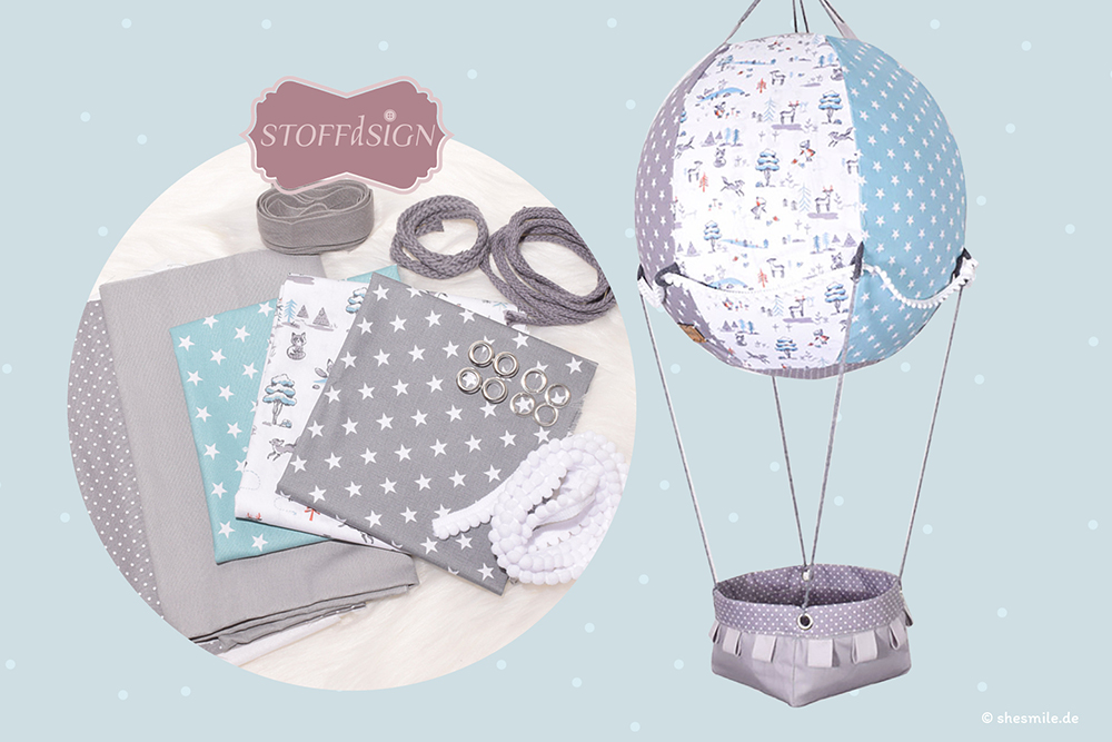 In zwei Farbvarianten! Ein Materialpaket von STOFFdSIGN für den Adventsballon von shesmile. Enthalten sind alle Baumwollstoffe, Bänder, Ösen und die passende Vlieseinlage.