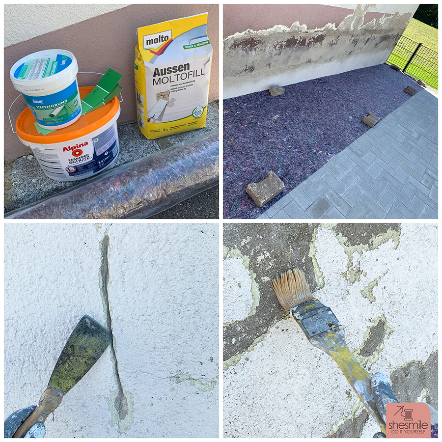 Außenwand verspachteln und mit Moltofil Außen verputzen, Risse und losen Untergrund sanieren, mit einem Wandbild bunt streichen, verschönern und anmalen. Konturen zeichnen mit dem Edding 950 Industrie Pastenmarker. Außenwand im Garten gestalten (Teil 3 der shesmile SchönerWohnen-Serie)