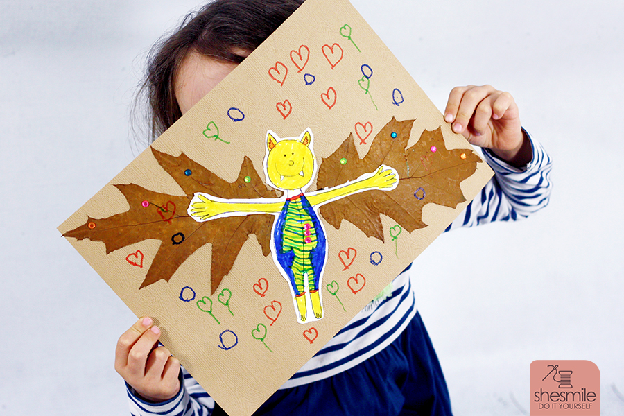 Bastelspaß für den Herbst und Halloween mit Kindern. Fledermaus-Vampir mit getrockneten Blätterflügeln basteln.