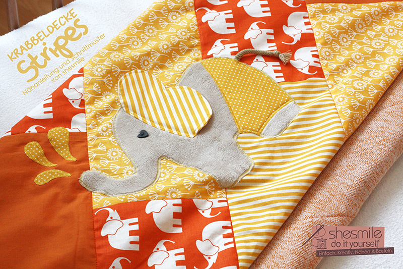 Krabbeldecke Stripes mit Nelefanten-Applikation. Nähanleitung, Schnittmuster, Applikationsvorlage und Fotos von shesmile.