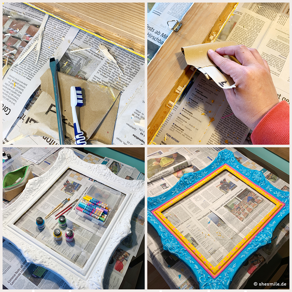 Ein Spiegel nach Maß mit Bommelborte. Ein alter Bilderrahmen wird zum Spiegel für das Kinderzimmer. Ein Upcycling Bastelprojekt von shesmile DIY.