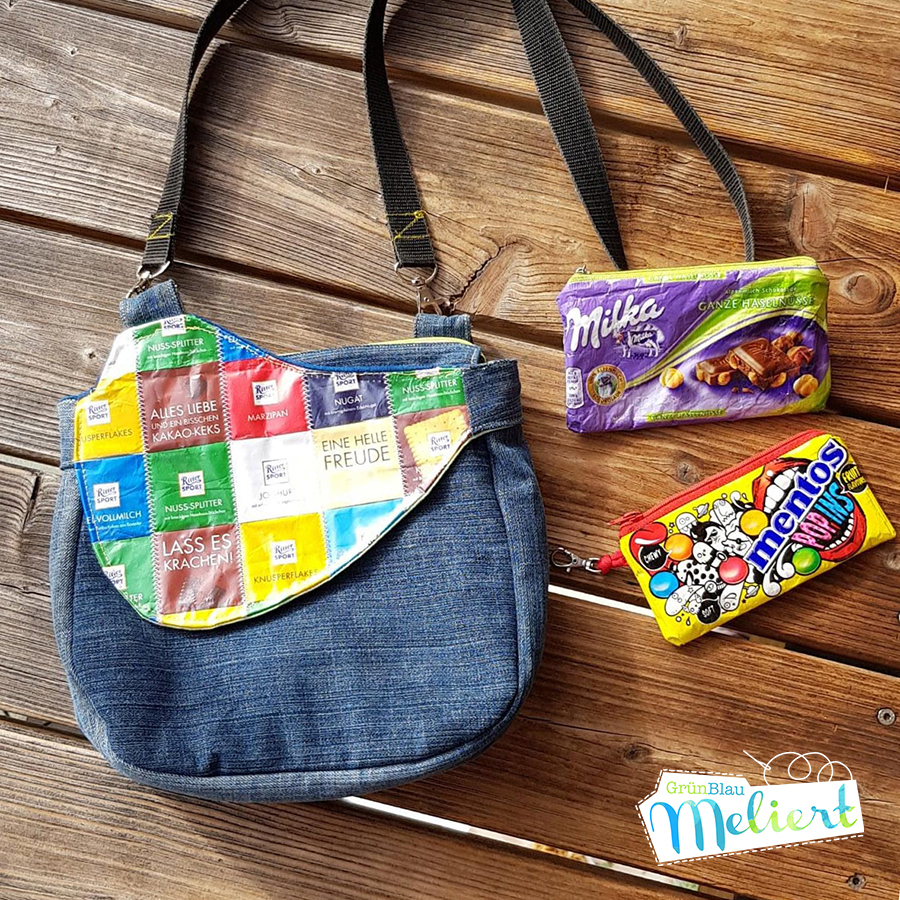 Taschen und Reißverschluss-Täschchen aus alten Verpackungen von Milka, Süßigkeiten, Maiswaffeln, Schokolade und Chipstüten nähen. Eine kostenlose Nähanleitung mit Tipps und Tricks mit Buchfolie von Melie von GrünBlauMeliert und Lisse von shesmile.