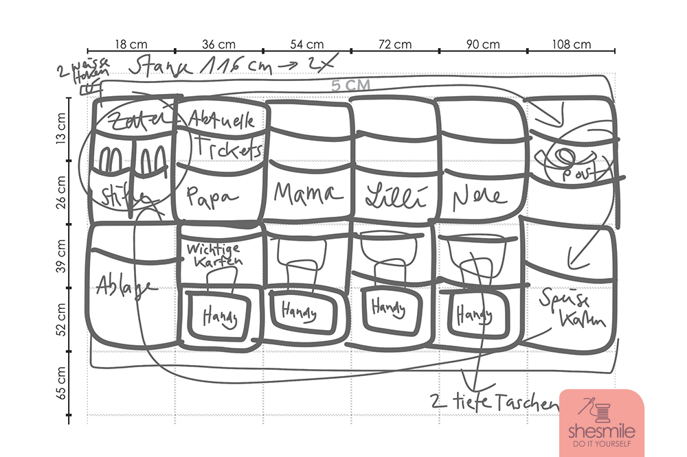 Die Planungsskizze für den neuen Wandorganizer Otto Ordnung 2023 - Nähanleitung und Schnittmuster von shesmile DIY.