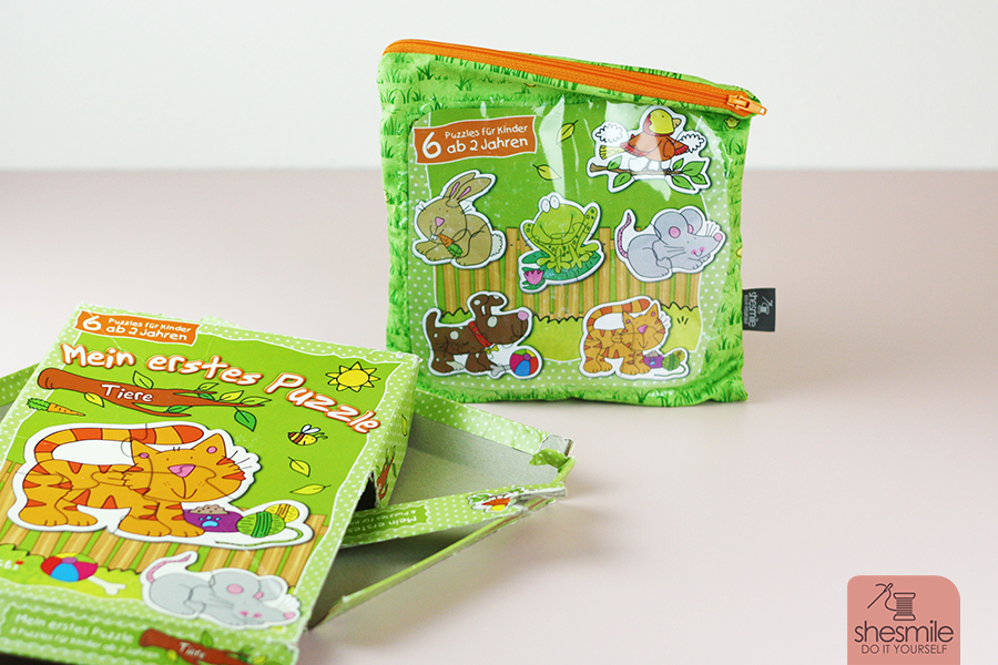 Platzsparend und ordentlich aufgeräumt. Eine echte Alternative zur kaputten Puzzle-Schachtel ist der Spielebeutel Zipverpackt. Schnell und einfach aus Stoffresten genäht. Mit Nähanleitung von shesmile.