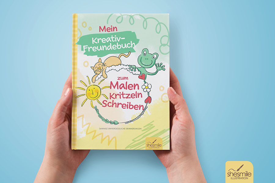 Mein Kreativ-Freundebuch zum Malen, Kritzeln und Schreiben. Illustriert von shesmile. Gedruckt im Selbstverlag. Es geht in die 2. Auflage!
