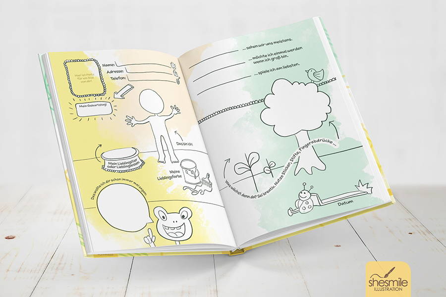 Mein Kreativ-Freundebuch zum Malen, Krtizeln und Schreiben - Illustriert und Gestaltet von shesmile - Ideal für Kinder im Kindergarten oder in der Grundschule. Vorschau ins Buch.