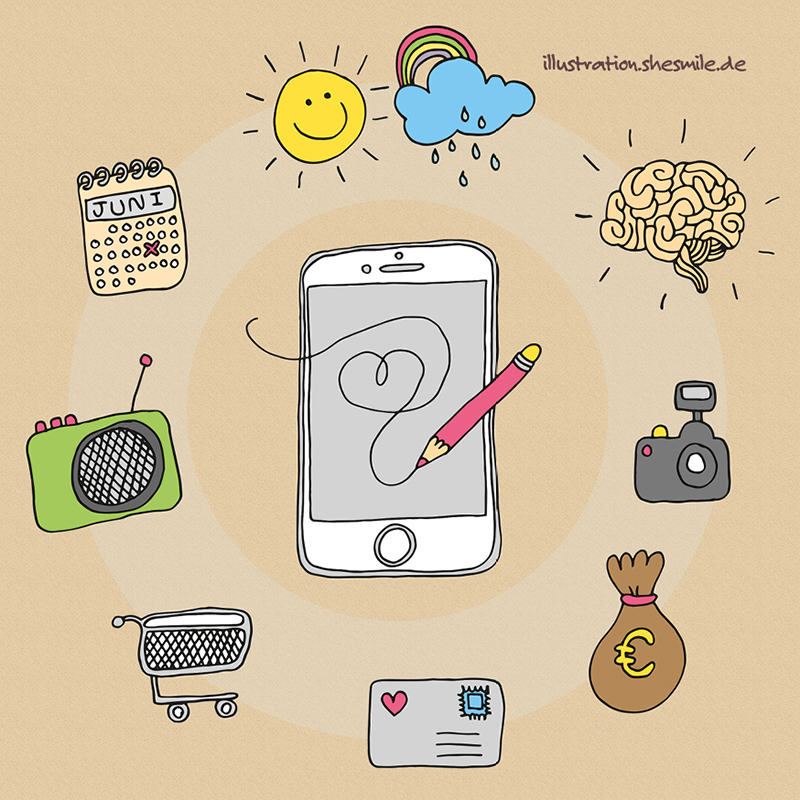 Immer dabei? Mein iPhone! Ohne wär ich doch so manches mal echt aufgeschmissen! Eine Illustration von shesmile.