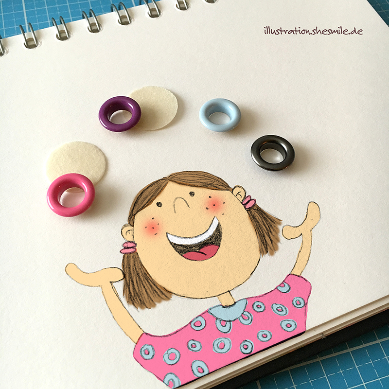 Juhu! Betty freut sich sehr. Denn endlich gibt es bunte Ösen bei Snaply Nähkram! (Eine Illustration von shesmile)