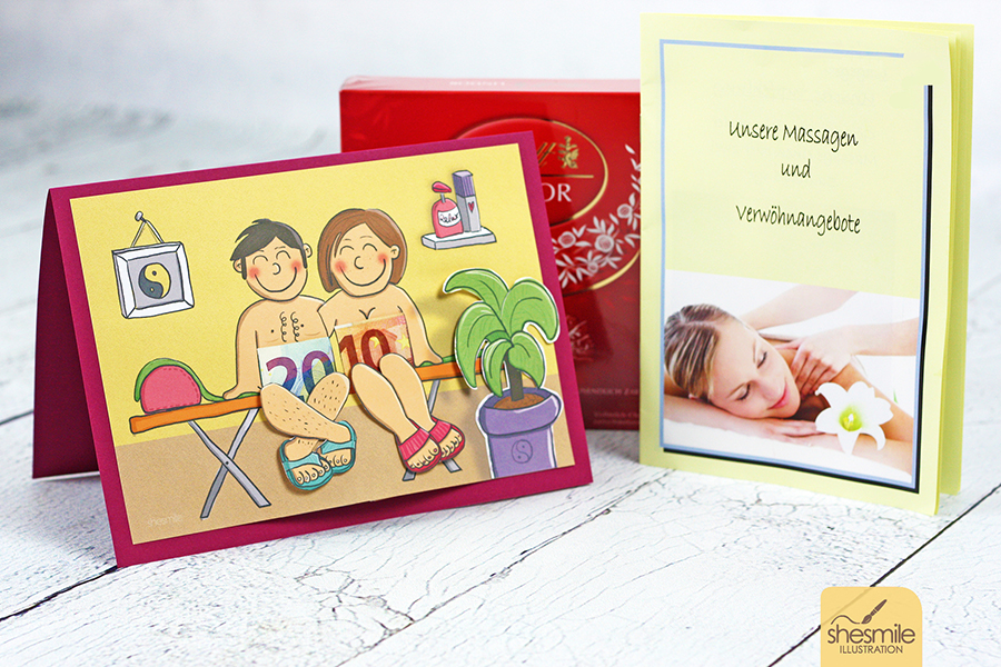 DIY-Geldgeschenk zum Ausdrucken und Zusammenbasteln. Geschenk-Gutschein, Wellness für Zwei. Eine Druckvorlage mit Bastelanleitung von shesmile.