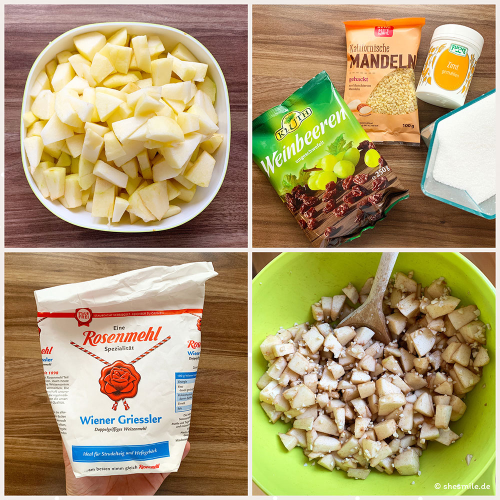 Äpfel, Nüsse, Zimt-Zucker ... aber bitte keine Rosinen! Rosinen gibt es dabei schon immer nicht für jeden. Meine kleine Tochter und ich mögen sie gar nicht, die Große und der Papa können gar nicht genug davon bekommen. Darum bekommt jeder seinen Apfelstudel so, wie er ihn eben gerne mag.
