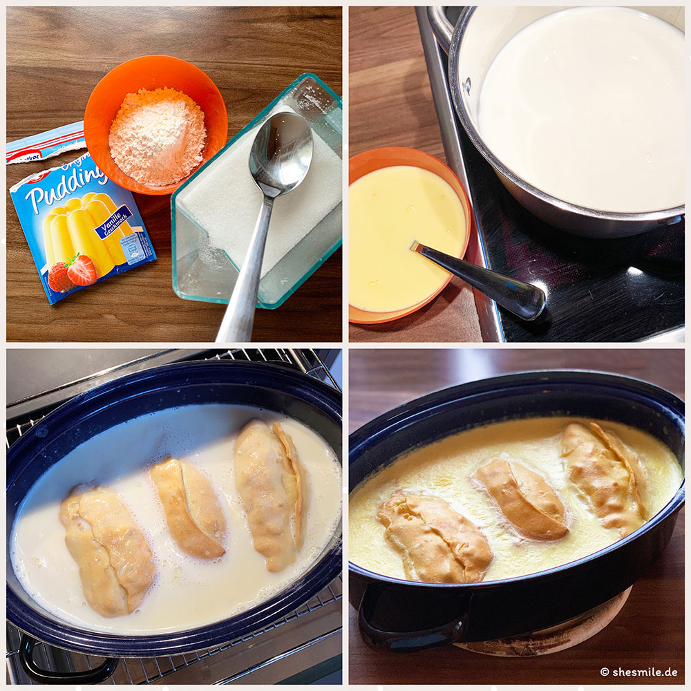 Aber bitte mit vieeel Vanillesoße! Der Apfelstrudel selbst ist ja oft schon süß genug. Darum rühre ich die Vanillesoße mit 3x soviel Milch und nur der Hälfte an Zucker an. Das ist für mich die perfekte Mischung.