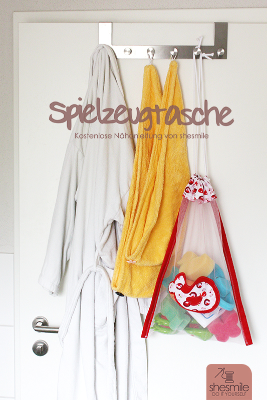 Freebook! Badespielzeug-Tasche aus Tüll. Genäht mit Kordelzug. Endlich Ordnung im Badezimmer.