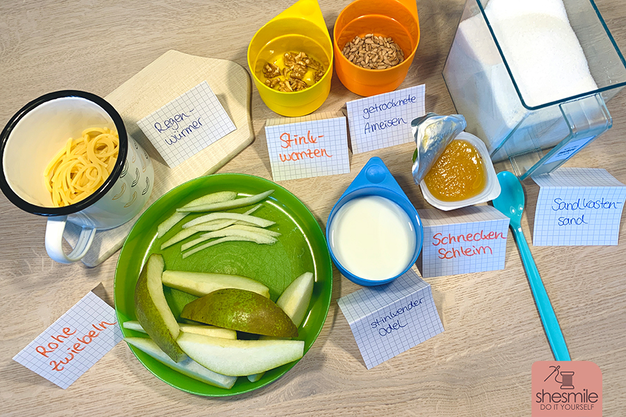 Lustige Blindverkostung für Kinder. Auf die Sinne fertig los! Ein Geschmacksunterricht für den Kindergeburtstag oder einen lustigen Nachmittag zuhause. Eine Spielidee von shesmile.