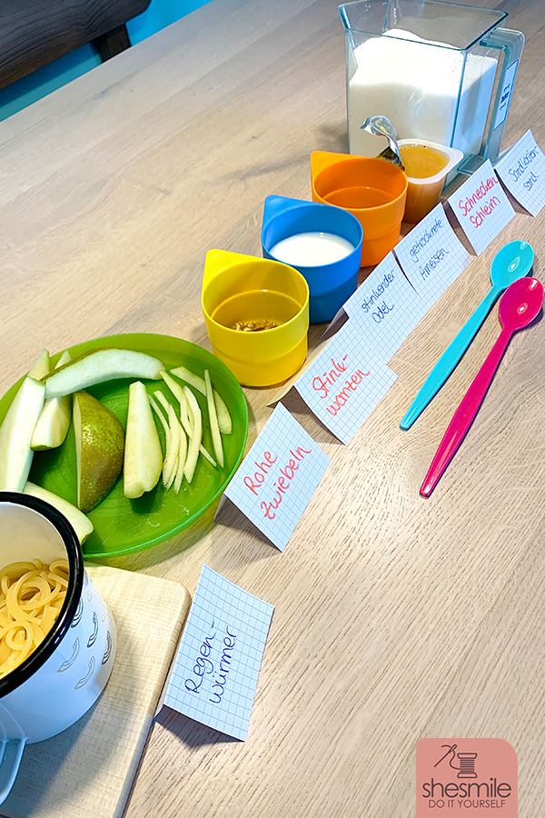 Lustige Blindverkostung für Kinder. Auf die Sinne fertig los! Ein Geschmacksunterricht für den Kindergeburtstag oder einen lustigen Nachmittag zuhause. Eine Spielidee von shesmile.