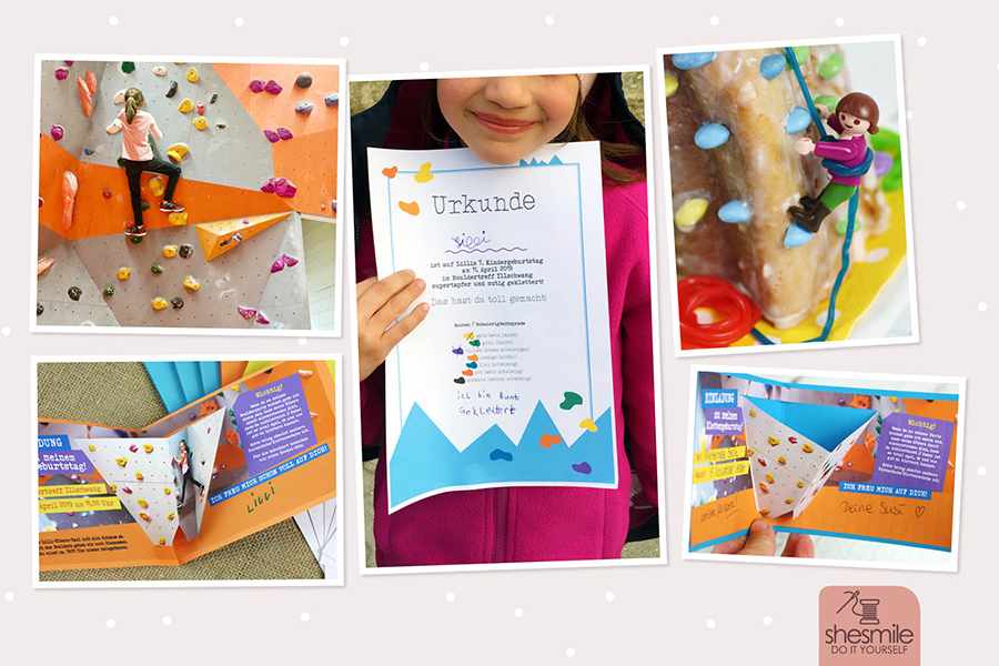 Druckvorlagen und Ideensammlung für einen Kindergeburtstag in der Kletterhalle gestaltet als PDF-E-Book von shesmile. Mit passender Schritt-für-Schritt Bastelanleitung und Druckvorlagen für Einladungskarten und Urkunden, den wichtigsten Regeln und einem DIY für einen Kletterwand-Geburtstagskuchen!