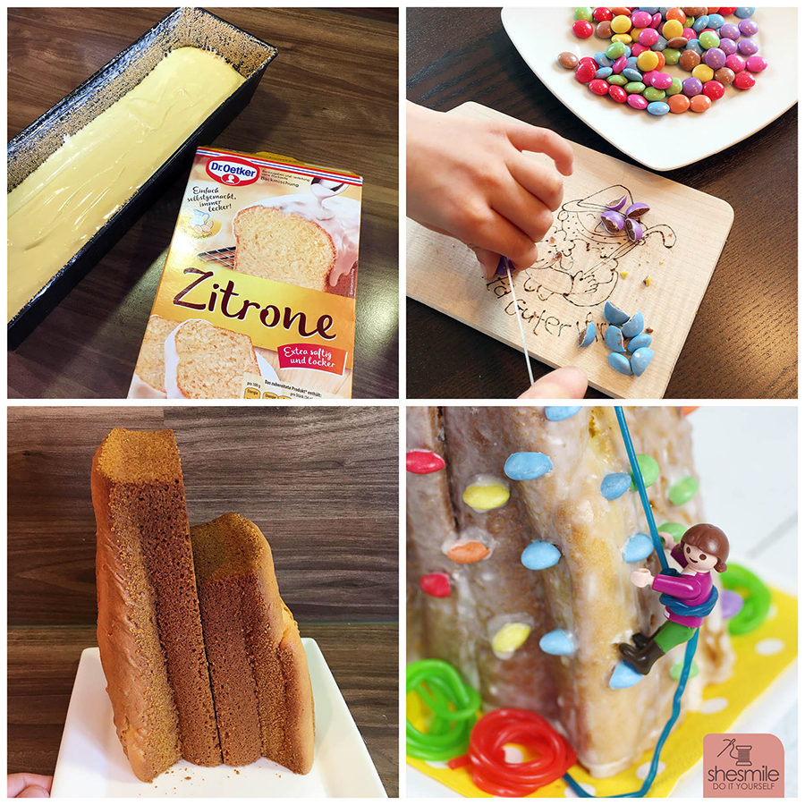 Tutorial: Ein Kletterwand-Kuchen zum siebten Kindergeburtstag in der Boulderhalle. Mit Smarties, Gummibärchen-Seilen und Playmobil-Figur. Gebacken und Dekoriert von shesmile.