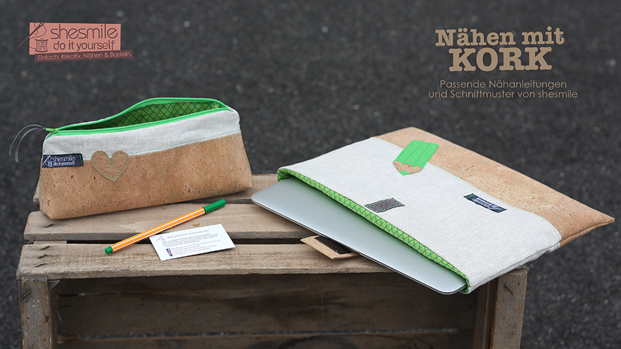 Taschen-Set fürs Büro. Bestehend aus einem Stiftemäppchen und einer Laptop-Tasche. Genäht aus Kork. Nähanleitung und Schnittmuster von shesmile.