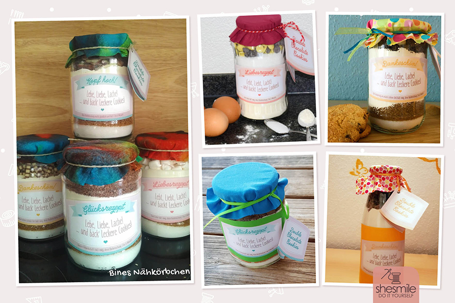 Bastelanleitung, Rezept und Druckvorlage gestaltet als PDF-E-Book und Digistamp für eine Backmischung Cookies im Glas als Geschenkidee zu jedem Anlass. Mit passenden Vorlagen für Etiketten und Anhängern. Ergebnisse von meinen Kunden.