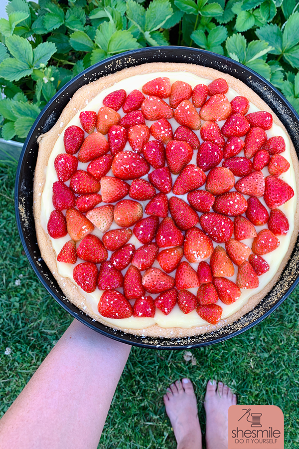 Biskuitboden, Vanillepudding-Creme und obendrauf noch Erdbeeren. Dieser Kuchen ist so lecker und schnell gebacken! Natürlich mit den Erdbeeren aus dem eigenen Garten! Mein Lieblingsrezept!