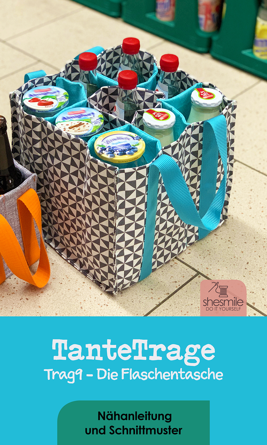 Eine Flaschentasche TanteTrage mit 4 oder 9 Fächern nähen. Tante Trage! Wiederverwendbar, waschbar und bruchsicher! Eine Nähanleitung samt Schnittmuster von shesmile. Einfach. Kreativ. Nachhaltig nähen & Basteln mit shesmile.