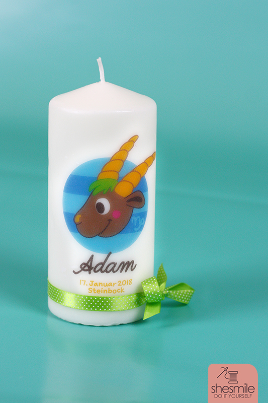 Sternzeichen-Kerze Steinbock. Digistamp von shesmile, Bastelanleitung für Kerzen bedrucken mit Servietten von shesmile.