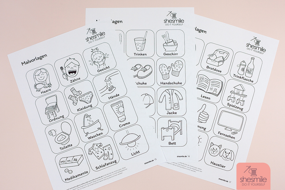 Immer gleiche Aufgaben am Morgen und Abend kinderleicht abhaken! Mit der Checkliste aus Stoff "Kinderleichte Routine". Nähanleitung und Schnittmuster als PDF-E-Book von shesmile.