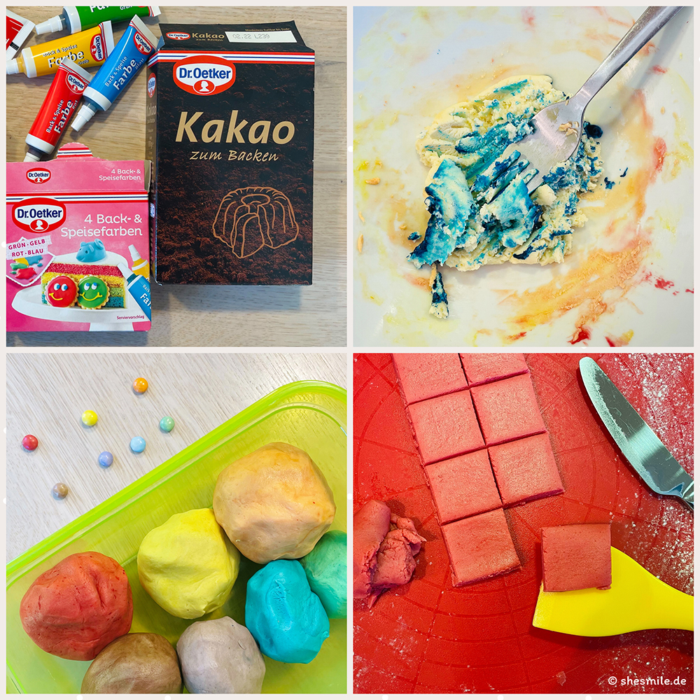 Zum 4. Geburtstag! LEGO Duplosteine als Plätzchen backen. Mein Lieblingsrezept für Butterplätzchen. Ein Tutorial mit weisser Schokolade, Lebensmittelfarbe und Smarties.