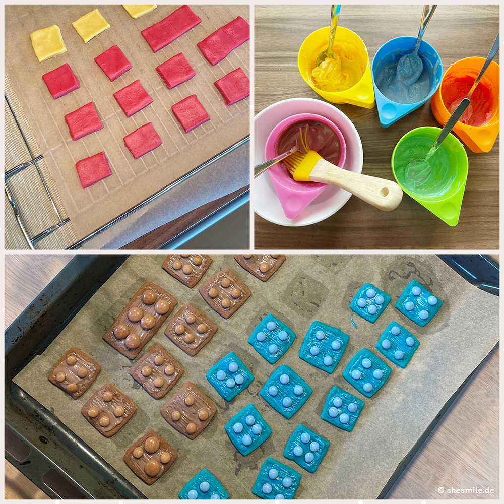 Zum 4. Geburtstag! LEGO Duplosteine als Plätzchen backen. Mein Lieblingsrezept für Butterplätzchen. Ein Tutorial mit weisser Schokolade, Lebensmittelfarbe und Smarties.