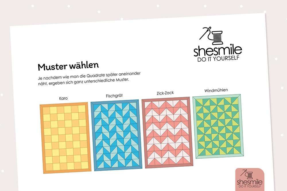 Im klassischen Karo-, Fischgrät-, Zick-Zack oder Windmühlen-Muster! Nähanleitung und Schnittmuster in vielen Varianten gestaltet als PDF-E-Book von shesmile für eine große Patchworkdecke, Kuscheldecke, Erinnerungsdecke oder Picknickdecke mit Tragegurten GerdaGemütlich.