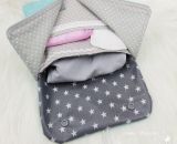 Nähanleitung und Schnittmuster gestaltet als PDF-E-Book von shesmile für ein Täschchen Petra mit Fächern für Periodenunterwäsche, (wiederverwendbare Stoff-) Slipeinlagen, Menstruationstasse und Tampons.