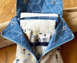 Nähanleitung und Schnittmuster gestaltet als PDF-E-Book von shesmile für ein Täschchen Petra mit Fächern für Periodenunterwäsche, (wiederverwendbare Stoff-) Slipeinlagen, Menstruationstasse und Tampons.