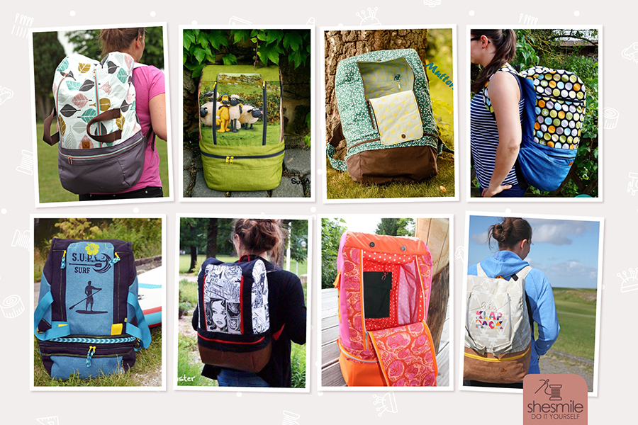 Ein richtig großer Rucksack für den Schwimmbad-Besuch, Urlaub, Wochenend-Trip oder zum Sport ... näh dir deinen BigKlapPack, so wie es dir gefällt. Eine Nähanleitung samt Schnittmuster in 2 Größen als praktisches PDF-E-Book von shesmile. Ergebnisse aus dem Probenähen.