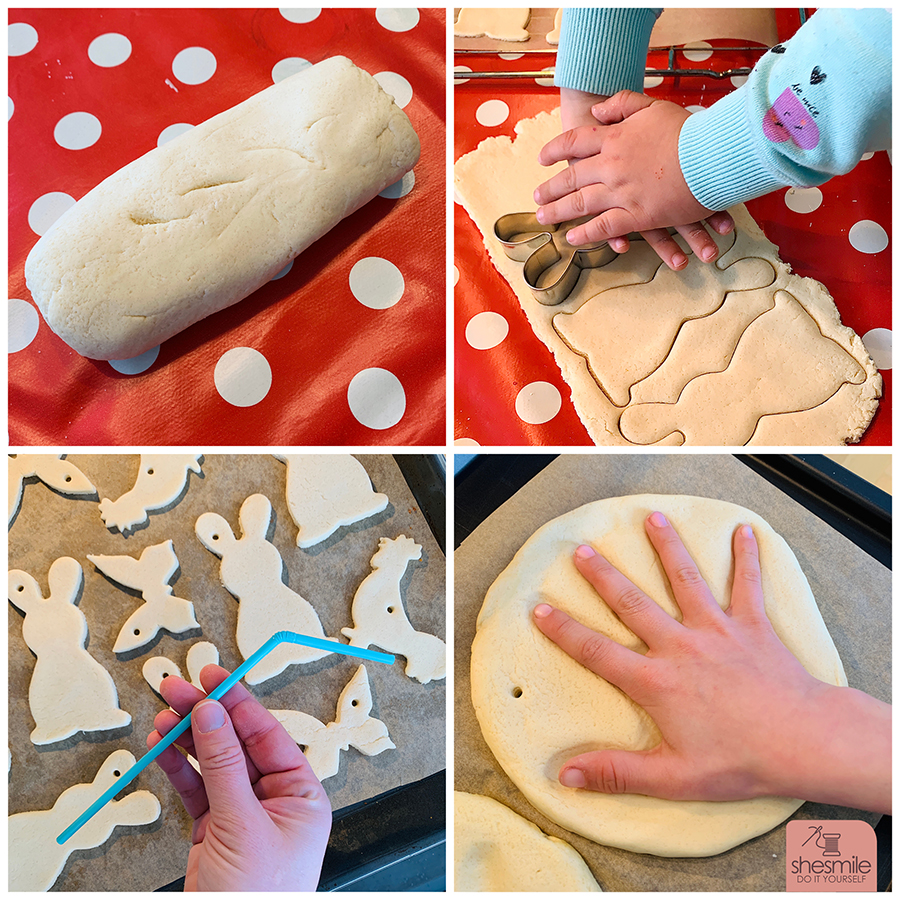 Handabdrücke und Osterdeko aus Salzteig basteln. Ein Rezept und mit Bastelanleitung von shesmile. Mit Tipps und Tricks. Klappt sicher. Ein Spaß für Eltern, Mama und Kinder.