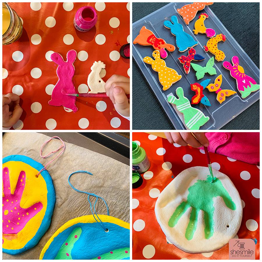 Handabdrücke und Osterdeko aus Salzteig basteln. Ein Rezept und mit Bastelanleitung von shesmile. Mit Tipps und Tricks. Klappt sicher. Ein Spaß für Eltern, Mama und Kinder.