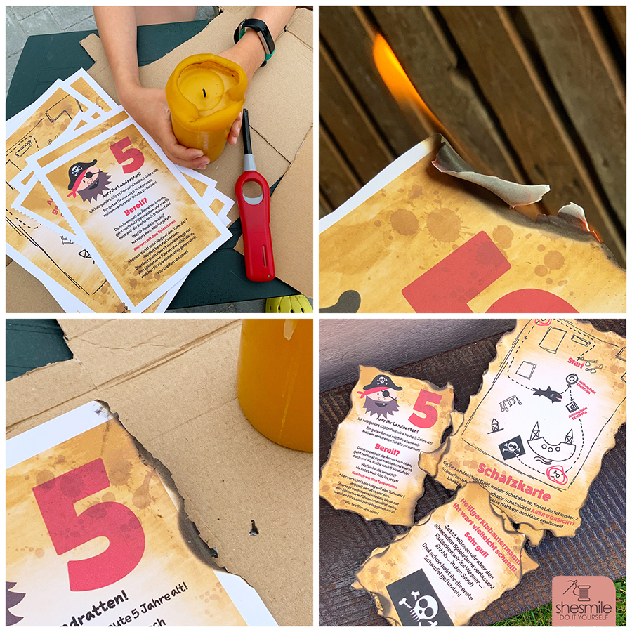 Eine Piratenparty mit Schatzsuche auf dem Spielplatz zum 5. Geburtstag. Gestaltet mit der Druckvorlage und Spieleidee Schatzsuche Piraten & Schaufeln von shesmile. Einfach. Kreativ. Basteln zum Kindergeburtstag.