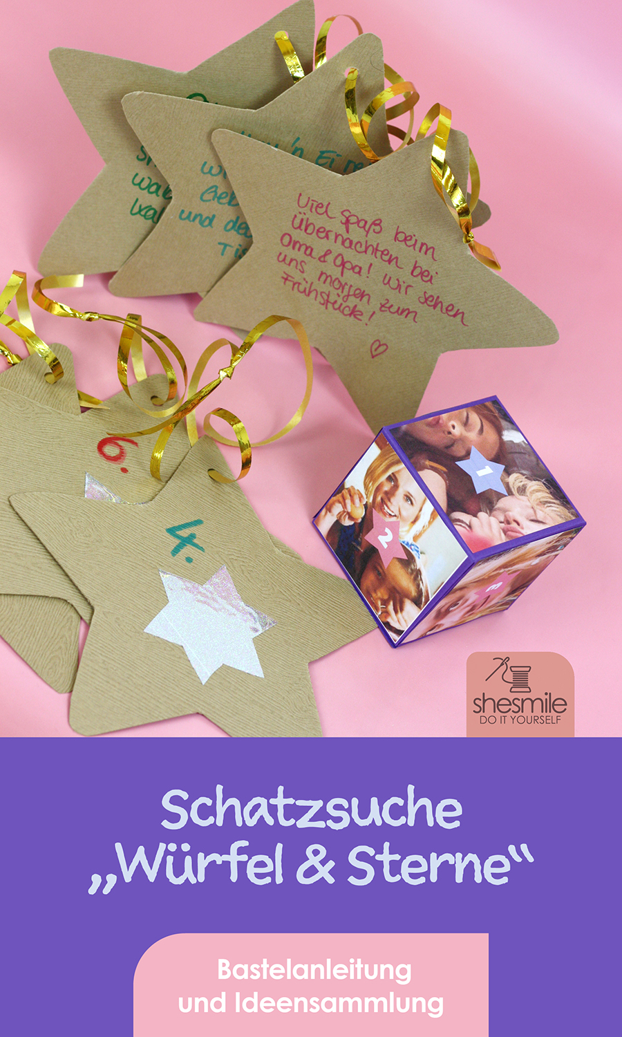 Bastelanleitung und Druckvorlage gestaltet als PDF-E-Book von shesmile für eine Schatzsuche mit Bilderwürfel und Sterne zum Kindergeburtstag oder Spielenachmittag! Nutze meine Ideensammlung für eine Bibi & Tina Hexenparty oder passe die Basis-Spielidee an deinen Lieblingsfilm oder Thema an.