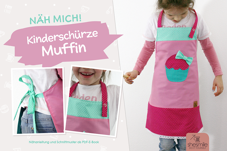 Nähanleitung und Schnittmuster gestaltet als PDF-E-Book von shesmile für eine 2-lagige Kinderschürze mit Muffin-Applikation und Schleife.