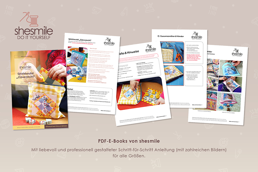Nähanleitung für alle Größen gestaltet als PDF-E-Book von shesmile für einen schnell genähten Reißverschluss-Beutel, Spielebeutel Zipverpackt. Platzsparend, kunterbunt und ordentlich aufgeräumt. Eine echte Alternative zur kaputten Papp-Verpackung.