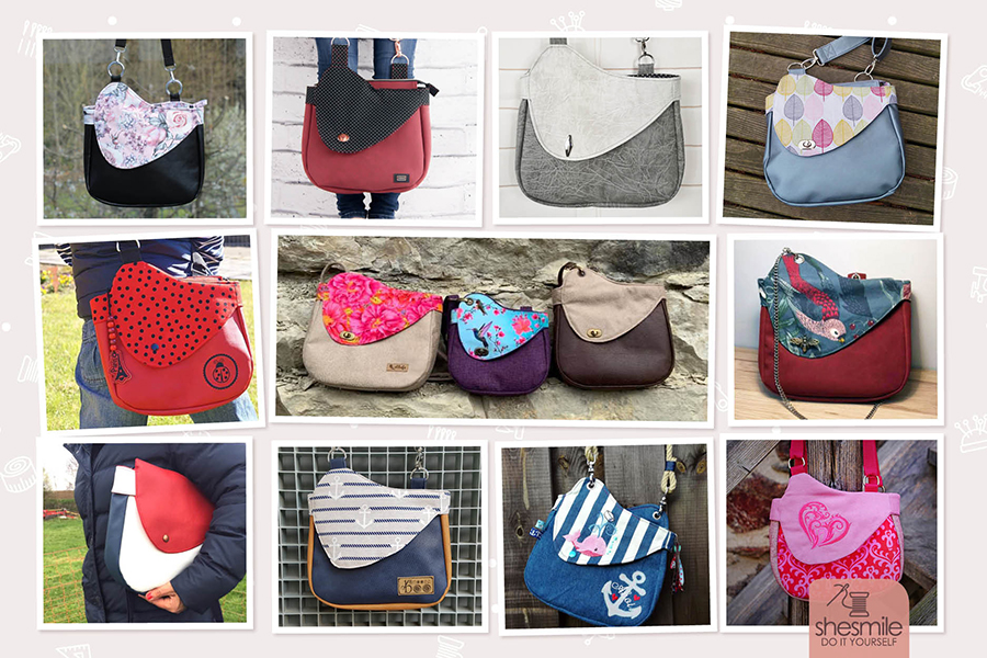 Nähanleitung und Schnittmuster gestaltet als PDF-E-Book von shesmile für eine Handtasche bzw. Umhängetasche Carla in zwei Größen. Carla ist deine Mädchen- und Damenhandtasche mit der geschwungenen Klappe. Carla hat ein großes Hauptfach und unter der Klappe noch eine Seitentasche. Nähe deine Carla mit oder ohne Reißverschluss-Laschen. Mit oder ohne Innentasche. Als Umhängetasche mit langem Umhängegurt oder als Handtasche mit kurzen Tragehenkeln.