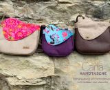 Nähanleitung und Schnittmuster gestaltet als PDF-E-Book von shesmile für eine Handtasche und Umhängetasche Carla in zwei Größen. Carla ist deine Mädchen- und Damenhandtasche mit der geschwungenen Klappe. Carla hat ein großes Hauptfach und unter der K