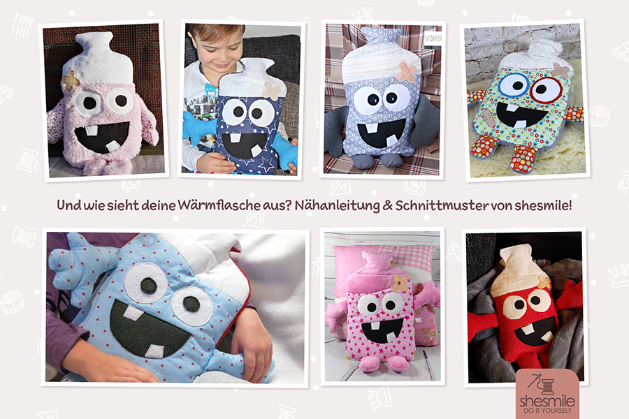 Theo Tröster der Wärmflaschenbezug (Eine Nähanleitung und Schnittmuster von shesmile) Ergebnisse aus dem Probenähen.