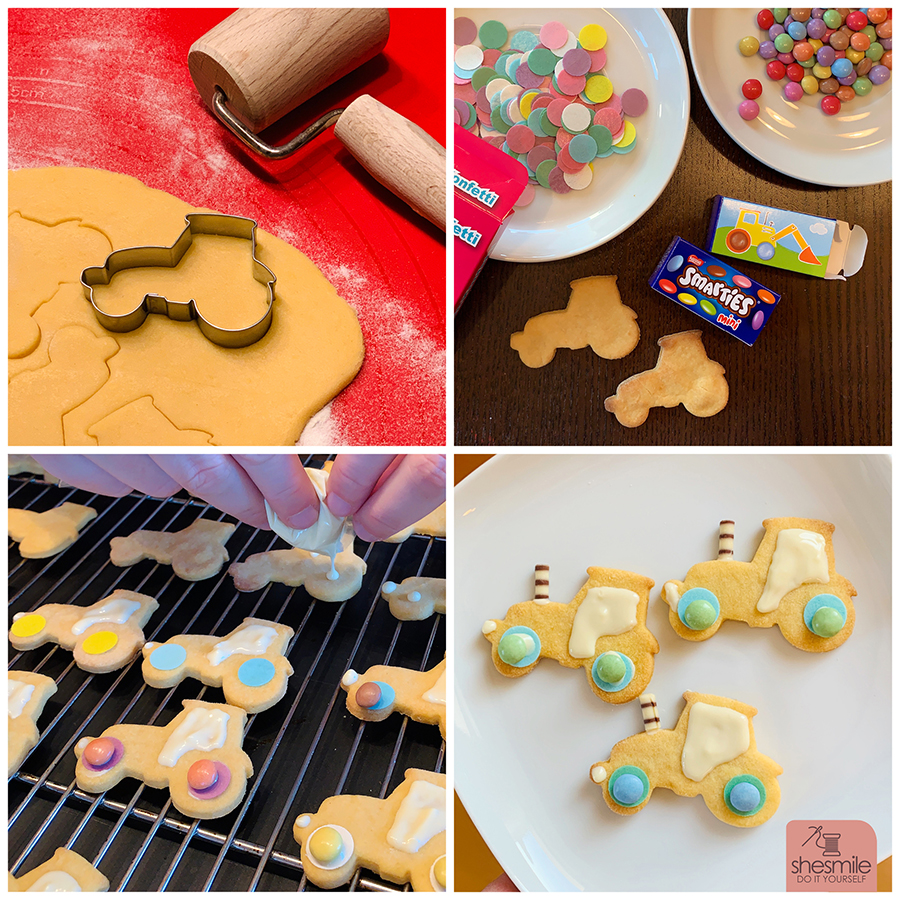 Traktor-Plätzchen und Rüblikuchen zum 2. Geburtstag backen. Eine Backidee mit Lieblingsrezept von shesmile. Plätzchen mit Honig statt mit Zucker. Bauernhof-Kuchen mit Traktor, grünem Acker und Möhren.