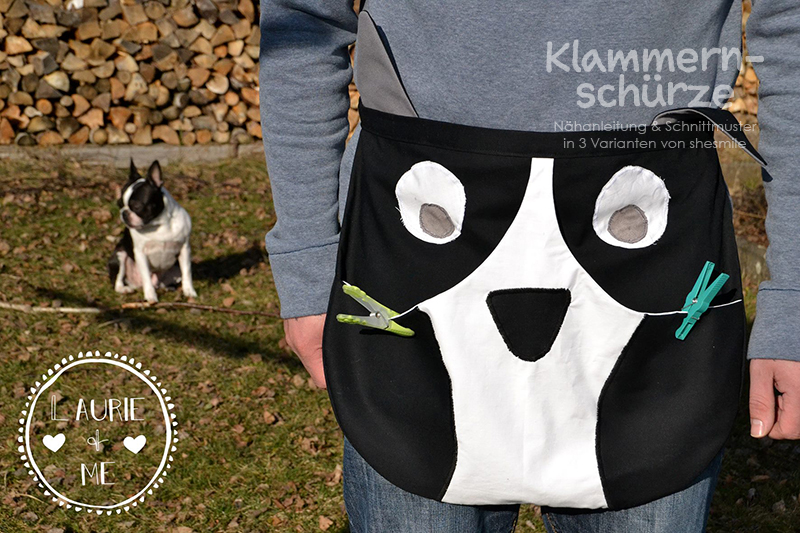 Eine Klammernschürze nähen für Wäscheklammern. Nähanleitung und Schnittmuster von shesmile für 3 Varianten. Als Eule WäKla, Mädchen Lotta Laundry oder ganz neutral aus deinem Lieblingsstoff. Du hast die Wahl. Alle 3 Varianten sind mit Nähanleitung und Schnittmuster im PDF-E-Book enthalten. Klammernschürze als Hund von Steffi (Laurie + Me)