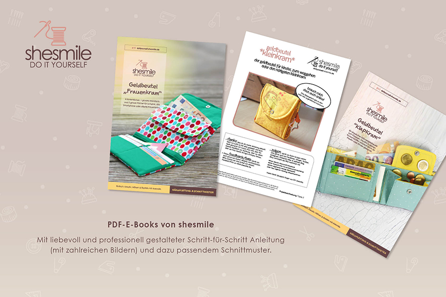 Geldbeutel-Set Frauenkram, Kleinkram und Klapkram (Set mit 3 PDF-E-Books von shesmile. Diese leicht verständlichen Schritt-für-Schritt-Anleitungen mit vielen Fotos sind auch für Nähanfänger geeignet, denn die sehr ausführlichen Fotoanleitungen begleiten dich bei jedem Schritt.