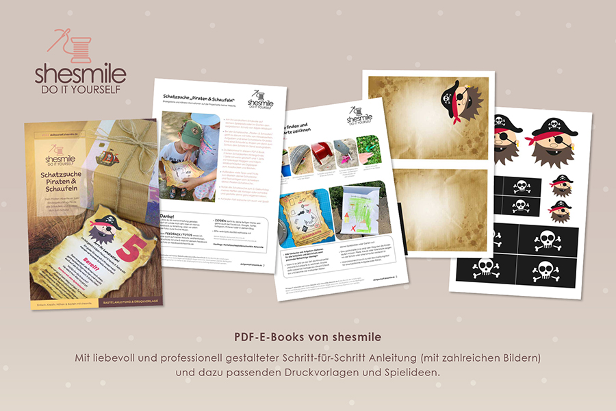 Druckvorlagen und Spielideen für eine Piraten-Schatzsuche gestaltet als PDF-E-Book von shesmile. Dein Piraten-Abenteuer zum Kindergeburtstag lässt sich auf jedem Spielplatz oder im Garten Zuhause spielen. Finde alle Schaufeln und buddel dich zum Schatz! Vorschau ins E-Book!