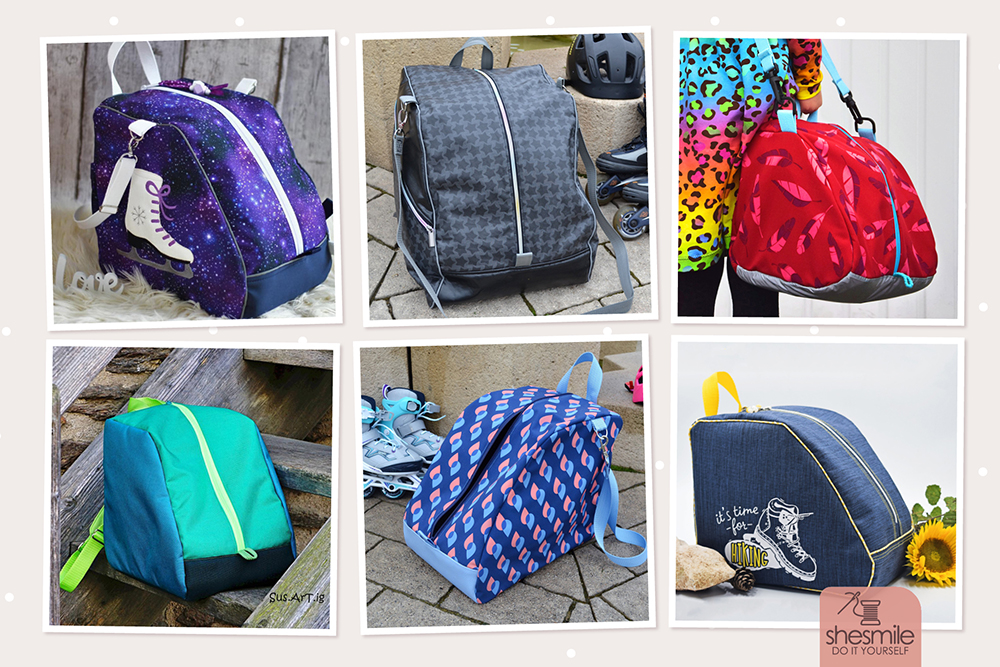 Nähanleitung und Schnittmuster gestaltet als PDF-E-Book von shesmile für eine Tragetasche, Umhängetasche und Rucksack SusiSkates. Perfekt für deine Schlittschuhe, Inline-Skates oder Ski-Schuhe. Größe S bis 25 cm, Größe M bis 30 cm, Größe L bis 35 cm Schuhlänge. Die 3 Basisgrößen lassen sich danke der enthaltenen Anleitung aber ganz leicht an deine Bedürfnisse anpassen.