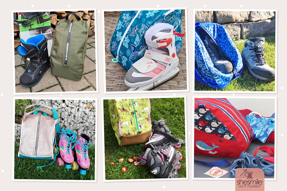 Näh dir eine SusiSkates für Skistiefel, Snowboardschuhe, Gummistiefel, Schlittschuhe, Rollschuhe, Wanderstiefel, Inline-Skates, Eishockey-Ausrüstung, den Fahrradhelm, als Wickeltasche, Badetasche oder Sporttasche!